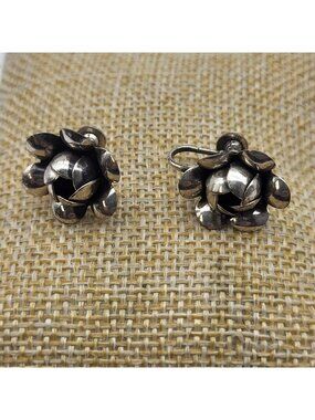 Lovely Vintage Screw Back Earrings 3D Flower Roses Beau Sterling Silver